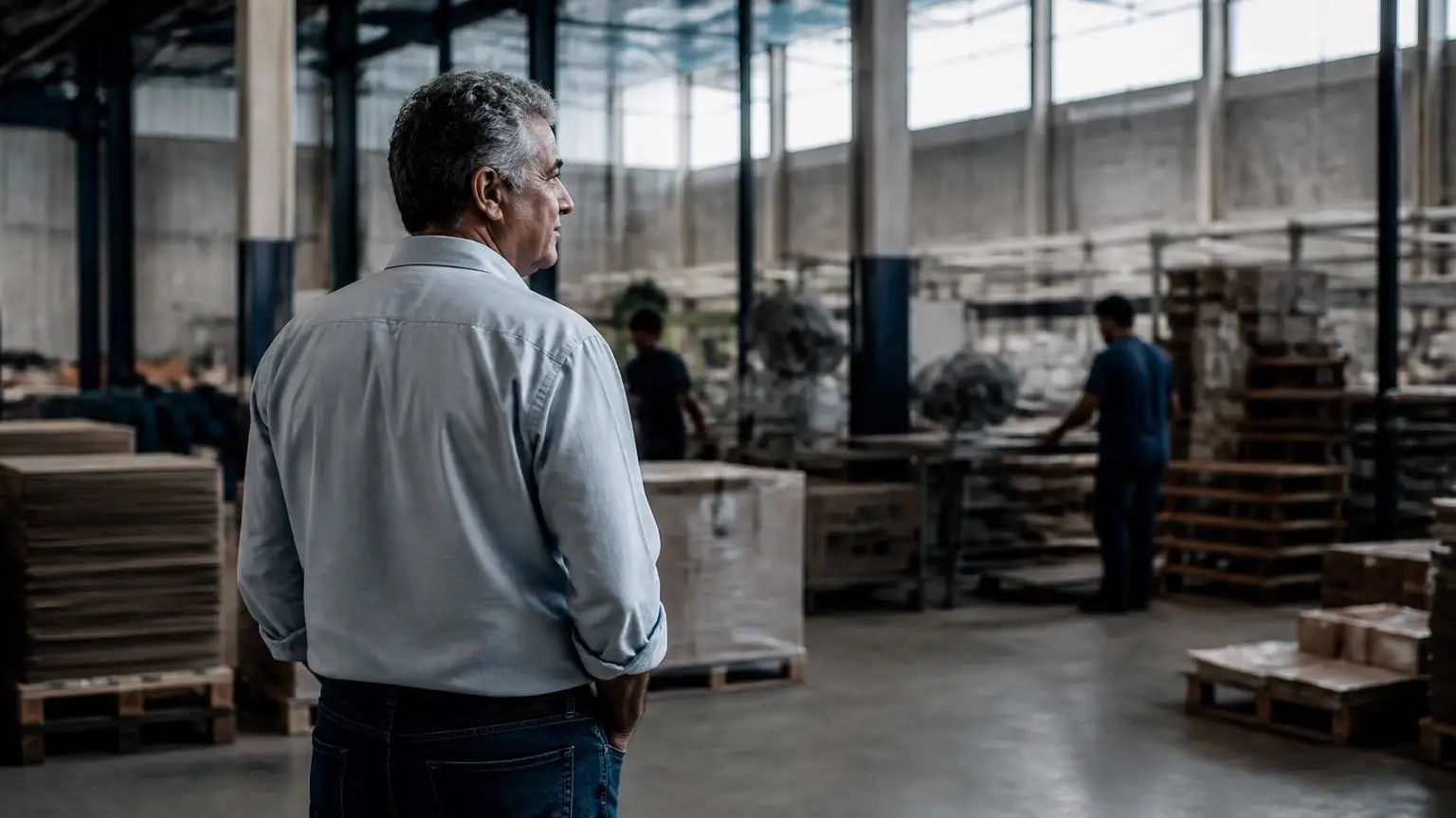 Proprietário de uma pequena indústria observa a movimentação da sua operação, com equipe e estrutura ao fundo.