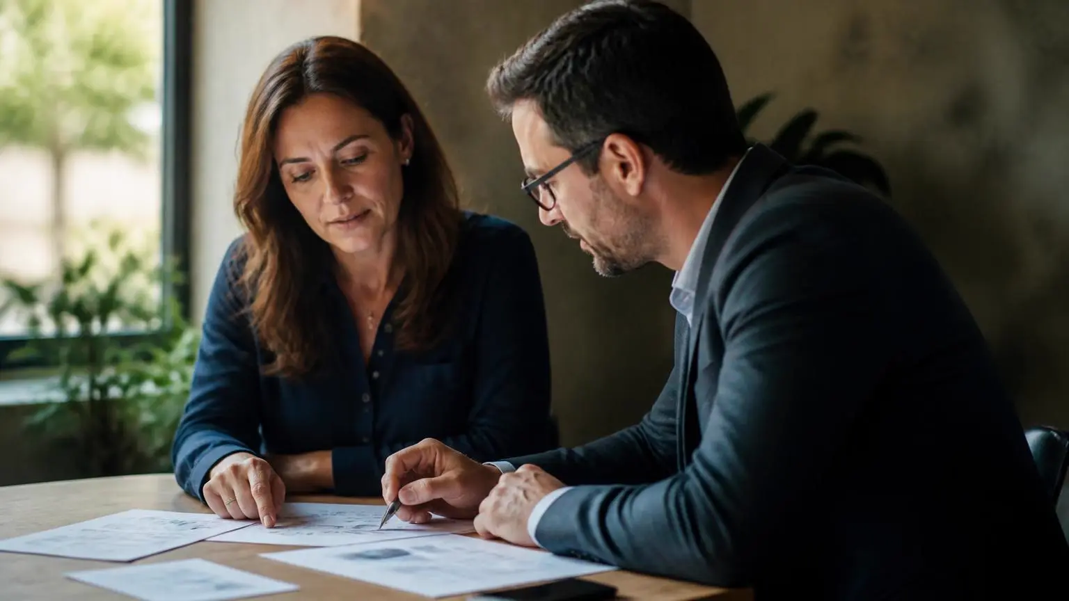 Gestora de uma empresa e um profissional consultivo analisam documentos sobre uma mesa, em conversa de trabalho.