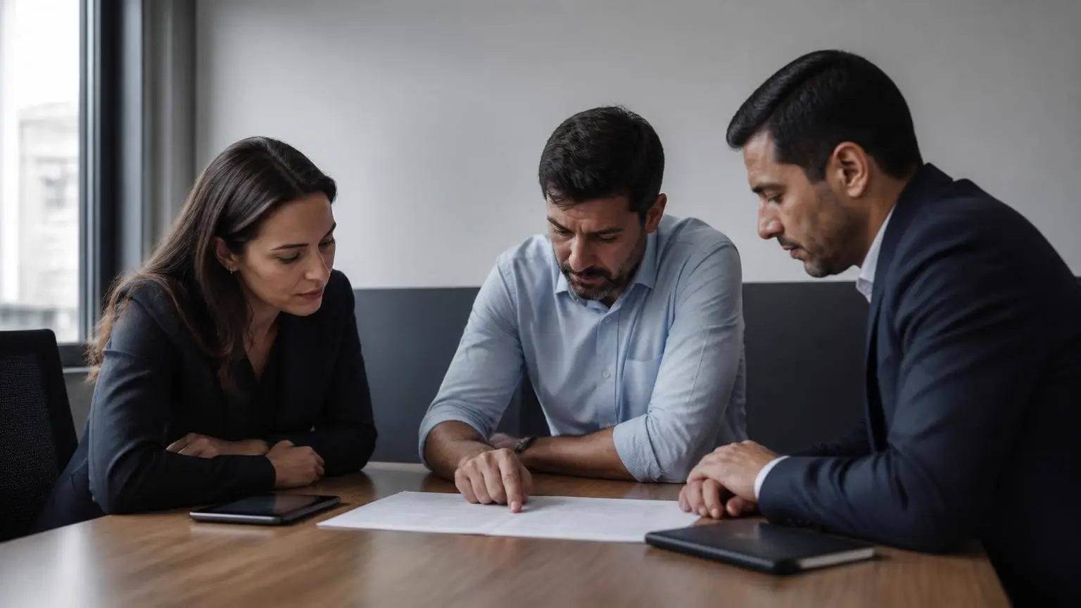 Três profissionais examinam juntos um contrato impresso sobre a mesa de uma sala de reunião.