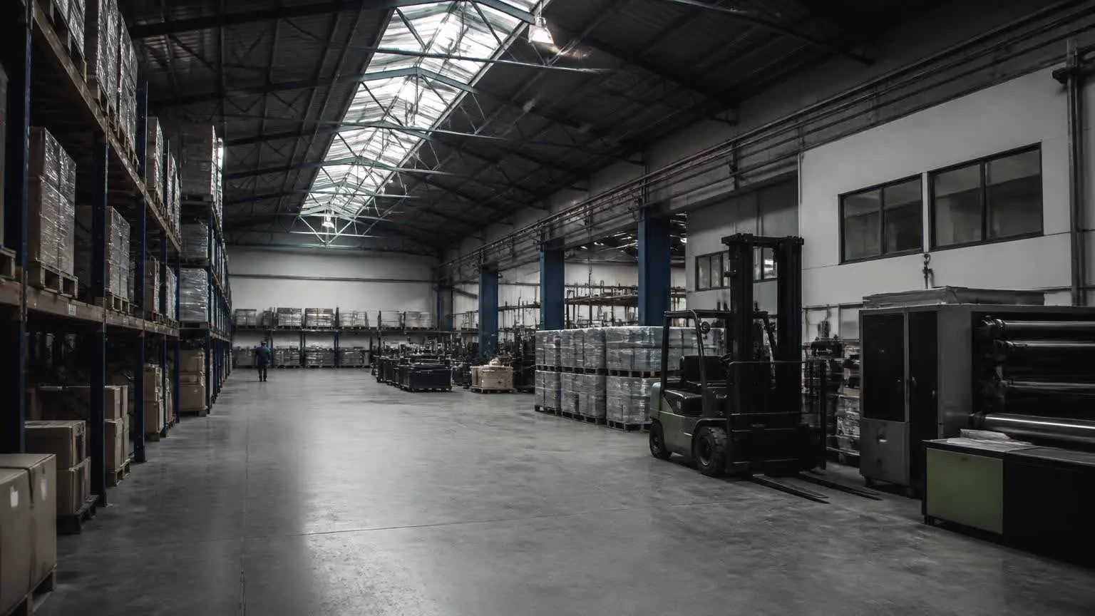 Interior de um galpão empresarial com prateleiras de estoque, empilhadeira e equipamentos que sustentam a operação.