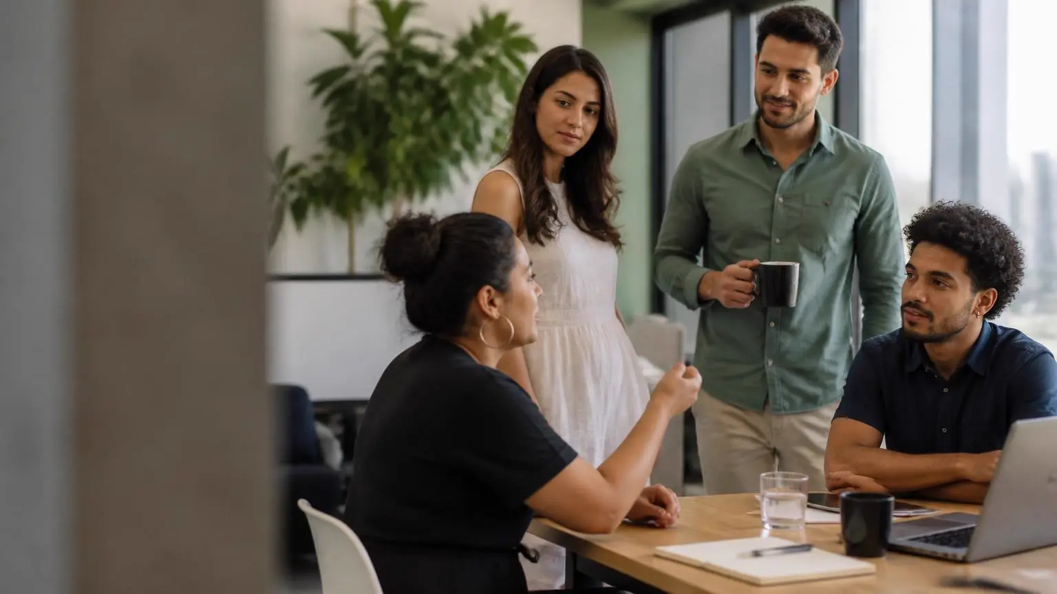 Pequena equipe profissional conversa de forma natural em torno de uma mesa de trabalho em um escritório com luz natural.